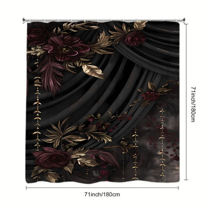 A Set of 1-4 Gold-Plated Rose Design Shower Curtains for The Bathroom, Complete with 12 Hooks, a Non-Slip Bath Mat, a U-Shaped Toilet Pad, a Toilet Seat Cover, And Decorative Items for The Bathroom, Ideal for Shower Curtain S