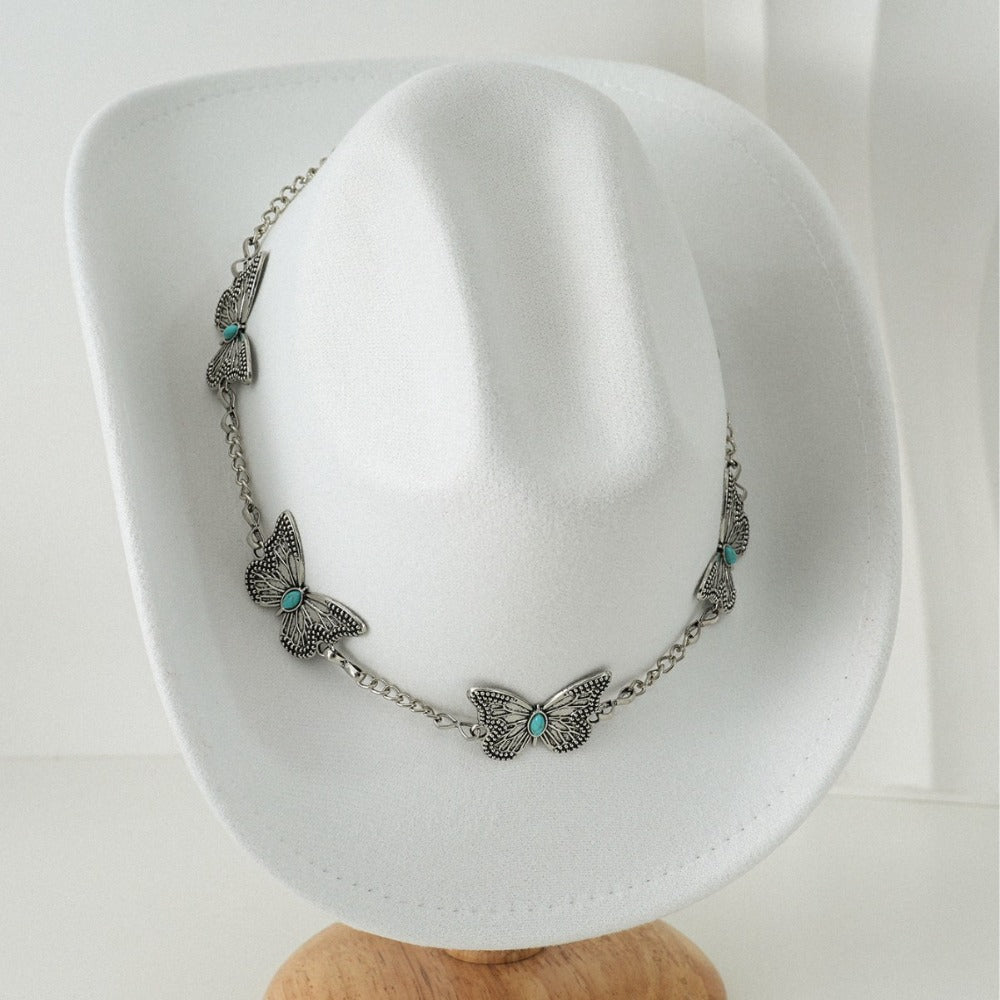 Women'S Bohemian Turquoise & White Cowboy Hat - Felt Wide Brim Sun Hat with Butterfly Metal Chain Accent, Non-Stretch Formal & Western Style for Christmas, Festivals, Casual Attire - Hand Washable Elegant Felt Cowboy Cap, Cow