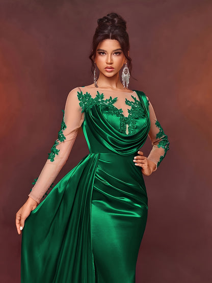 Elegant Long Ladies' Gown with Lace Detail | Solid Color, Contrast Mesh, Long Sleeve, Gown Hem, Ideal for Christmas, Birthday, Graduation, Travel