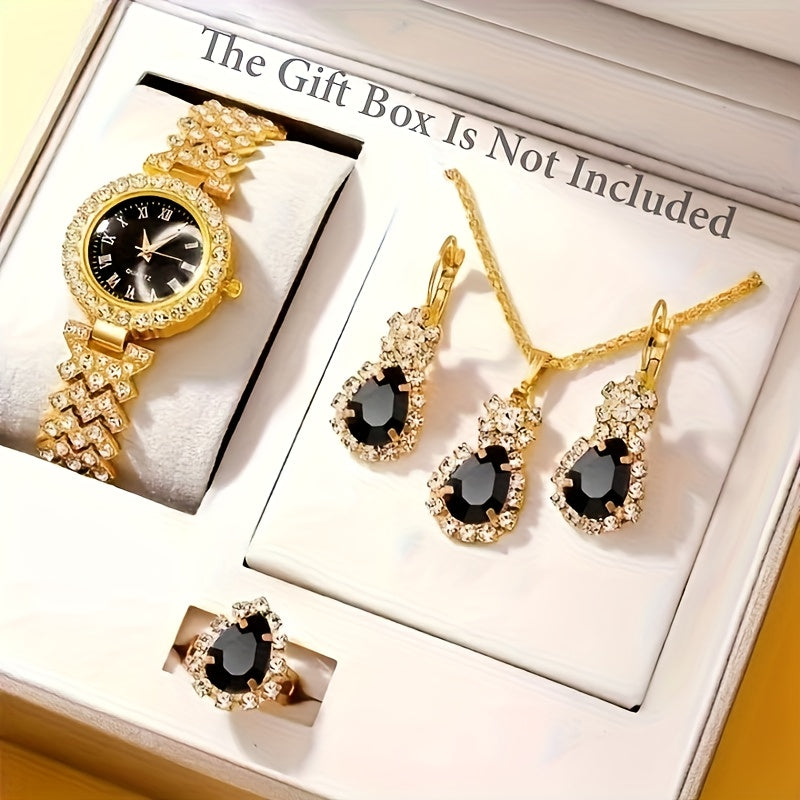 5pcs Golden Luxury Women'S Rhinestone Ring Necklace Earring And Wrist Watch Set, Elegant Ladies Bracelet Watches Jewelry Set, Jewelry for Women, Special for Party And Gifts, Lucky Gifts Holiday Presents are Exclusively Provid