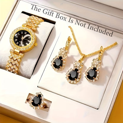 5pcs Golden Luxury Women'S Rhinestone Ring Necklace Earring And Wrist Watch Set, Elegant Ladies Bracelet Watches Jewelry Set, Jewelry for Women, Special for Party And Gifts, Lucky Gifts Holiday Presents are Exclusively Provid