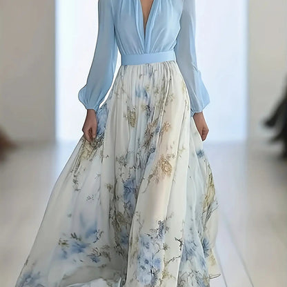 Elegant Long Dress for Women with a Deep V-Neck, Featuring a Bohemian Floral Chiffon Design