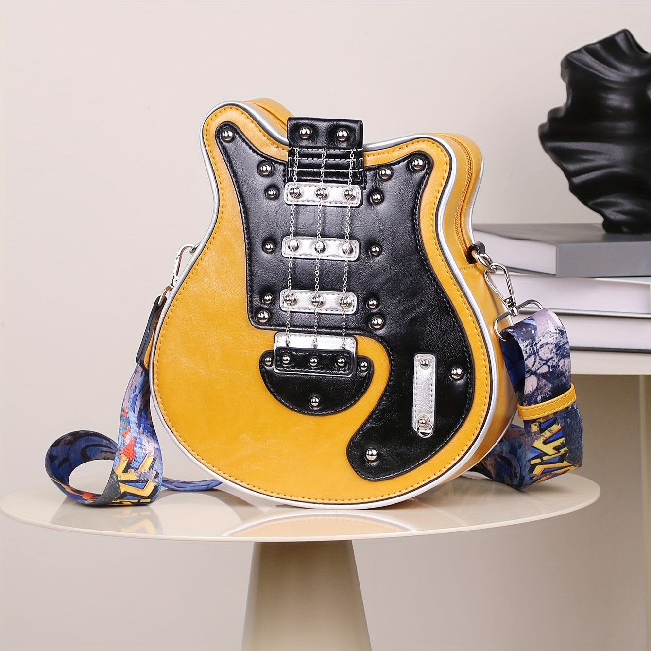 Women's & Unisex Y2K Retro Music-Themed Bass Guitar-Shaped Crossbody Bag with Detachable Strap, Golden-Tone Hardware & Zipper Closure - Band Style Handbag for Musicians & Music Lovers (Red/Black) - 2024 New Design with Chain
