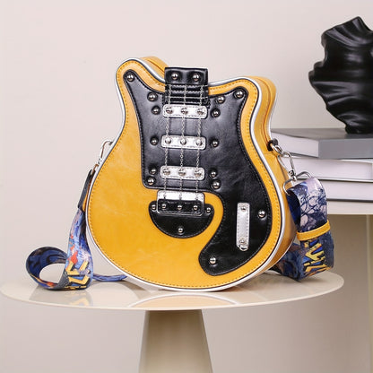 Women's & Unisex Y2K Retro Music-Themed Bass Guitar-Shaped Crossbody Bag with Detachable Strap, Golden-Tone Hardware & Zipper Closure - Band Style Handbag for Musicians & Music Lovers (Red/Black) - 2024 New Design with Chain
