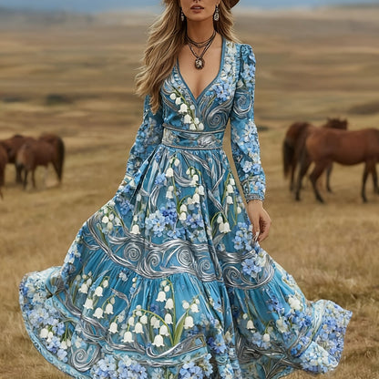 Women'S Ethnic-style V-neck Bohemian-style Maxi Dress | Elegant and Sophisticated, Perfect for Travel and Beach Vacations, Lightweight and Breathable Fabric, Suitable for Spring, Summer, and Autumn