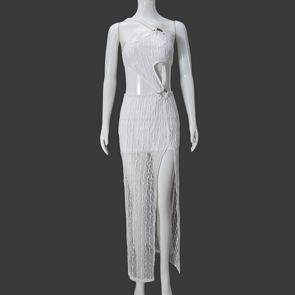 2025 New White One-Shoulder Cutout Dress - Waist-Baring Lace-Up High Split Maxi Dress | European American Luxury Vacation Date Elegant Formal Gown