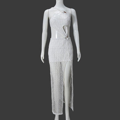 2025 New White One-Shoulder Cutout Dress - Waist-Baring Lace-Up High Split Maxi Dress | European American Luxury Vacation Date Elegant Formal Gown