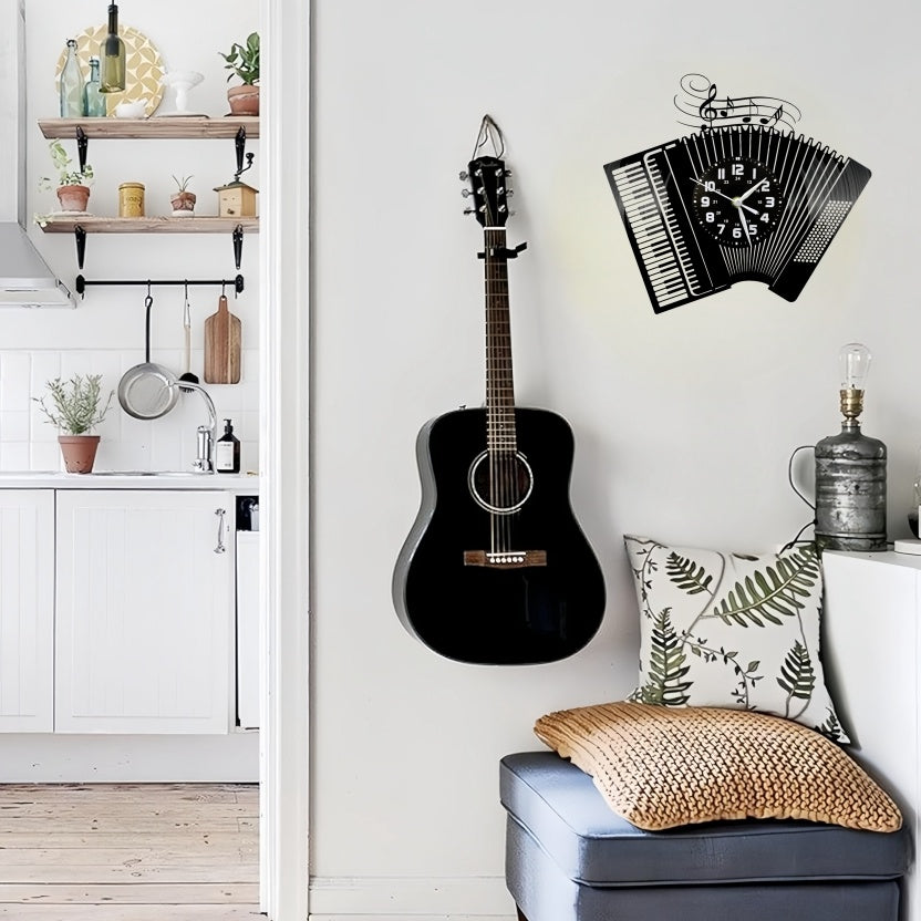 1pc Accordion-Themed Vinyl Wall Clock - Unique Irregular Shape, Silent Non-Ticking Battery Operated, Musical Notes & Black/White Design for Living Room, Bedroom Decor - Perfect Gift for Birthdays, Christmas, Halloween, Bedroo