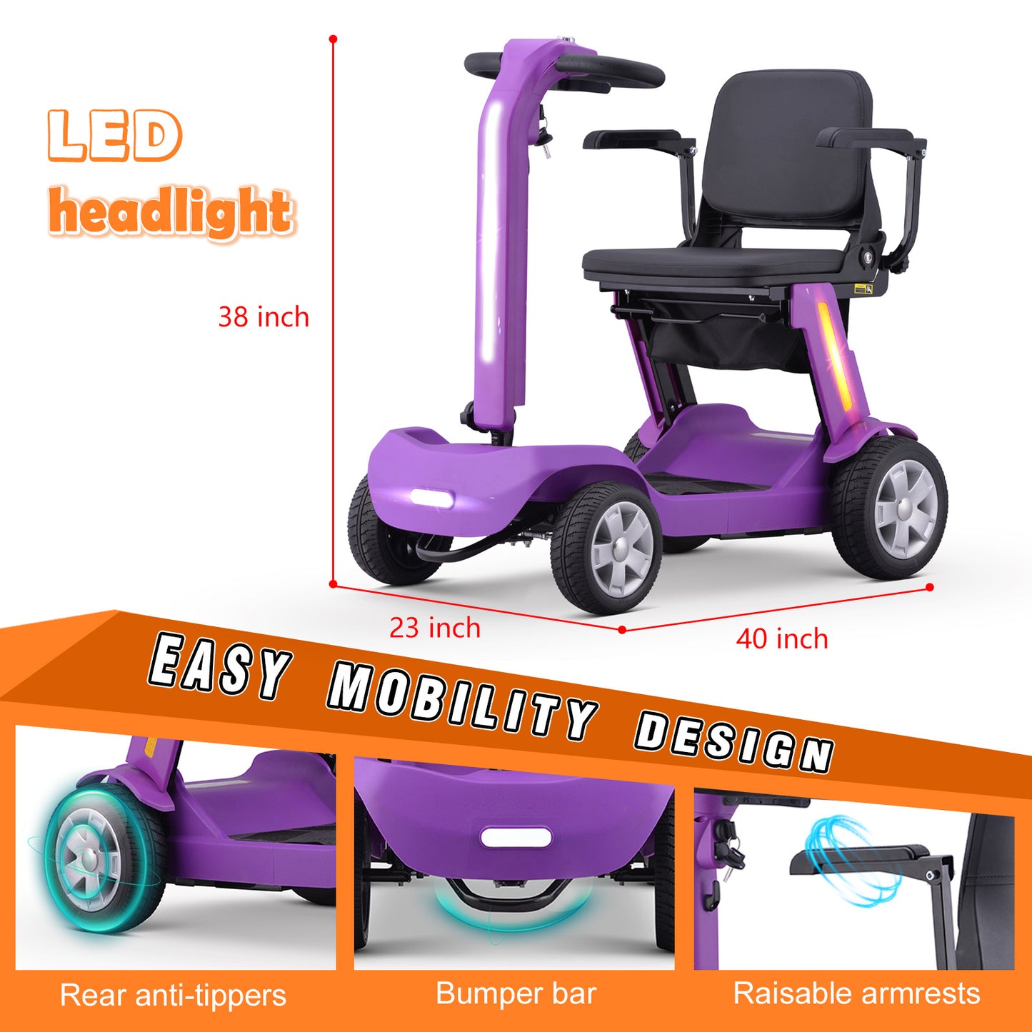 Senior Mobility Scooter 4-Wheel Foldable Electric Scooter for Adults, Lightweight & Portable with LED Lights, Storage Bag & Charger Included, Ready to Use for Travel