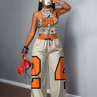 Two-piece Women's Tank Top and Shorts Set, Featuring Digital Printing, Color-block Design, Number and Animal Patterns. The Shorts Include Pockets and Drawstrings, Made from Comfortable Fabric with a Fashionable Printed Design