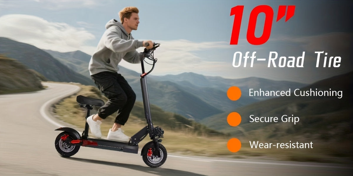 UNQYX Adult Folding Electric Scooter, Max Load 300 Lbs, High-power Motor, 48V 15Ah Battery, Range Of 28 Miles, Comfortable Seat, Capable Of Climbs 30-degree Inclines, 10-inch Off-road Tires And Dual Braking System, Portable C
