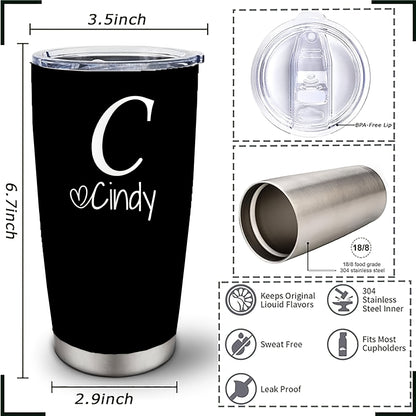 Personalized Stainless Steel Tumbler 20oz - Custom Name/Initials/Text - Double-Wall Insulated Cup with Leakproof Lid & Elegant Cursive Lettering - White with Black Lettering - Ideal Gift for Valentine's, Birthday, Office, Tra