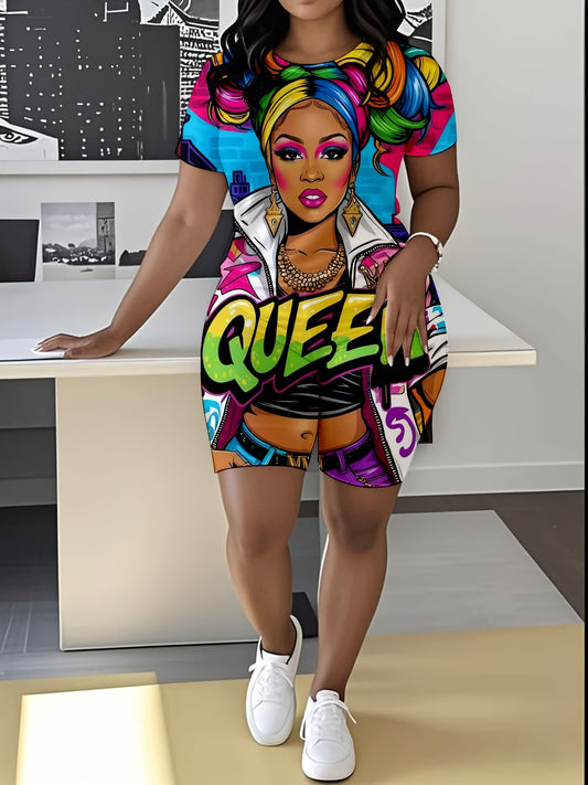 [Plus Size Set] Two-Piece Set Women's Portrait Print Round Neck Short Sleeve Two-Piece Set - Casual Vacation Style with Shorts And Blouse, Soft Fabric, Regular Length Casual, Relaxed Fit Tee, Comfortable Wear