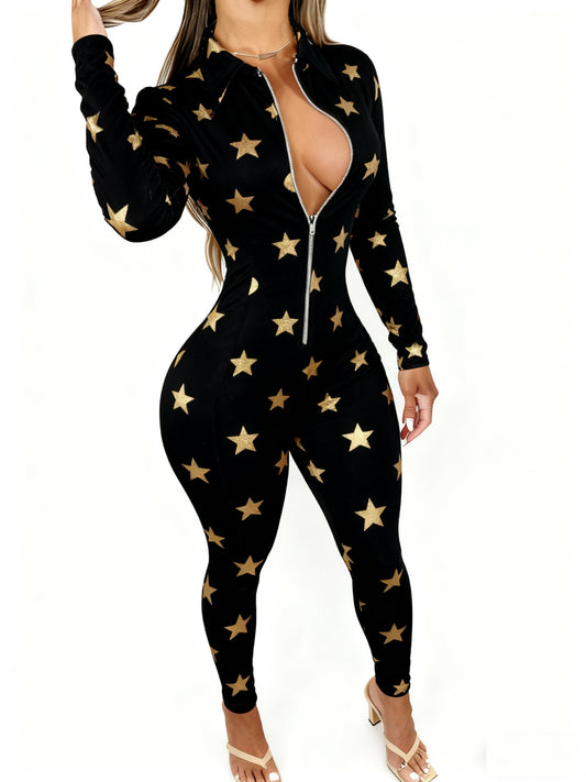Plus Size - Women'S Elegant Long Sleeve Jumpsuit | Front Zipper Design, Lightweight Retro Cute Bird & Floral Art Graffiti Print, Perfect for Daily Outings & Casual Wear, All-Season, Slight Stretch Fabric