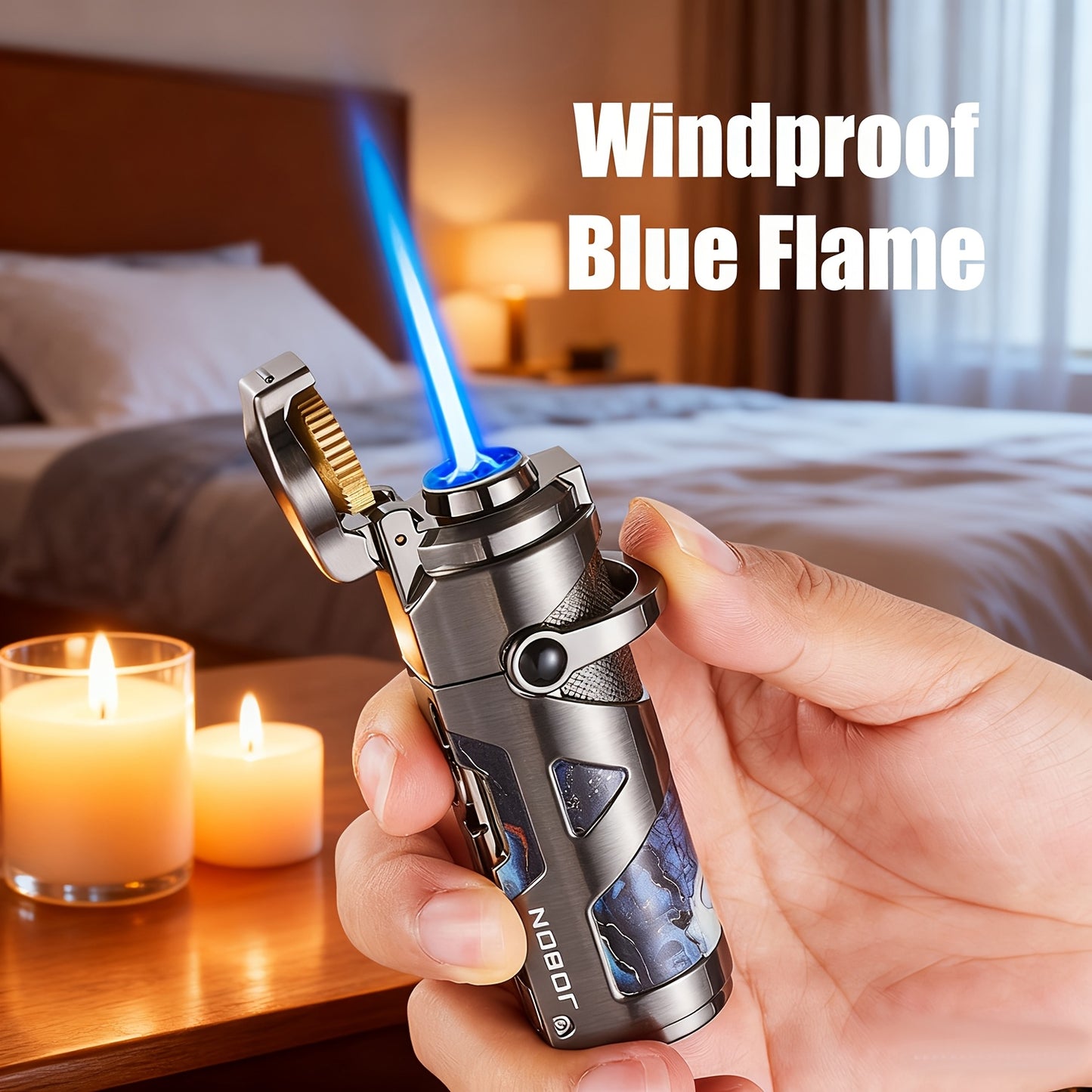 3-in-1 Windproof Refillable Butane Torch Lighter with Punch & Draw Enhancer - Jet Blue Flame Lighter Suitable for Camping, BBQ, Outdoor - Heavy-Duty Zinc Alloy (No Fuel Included)