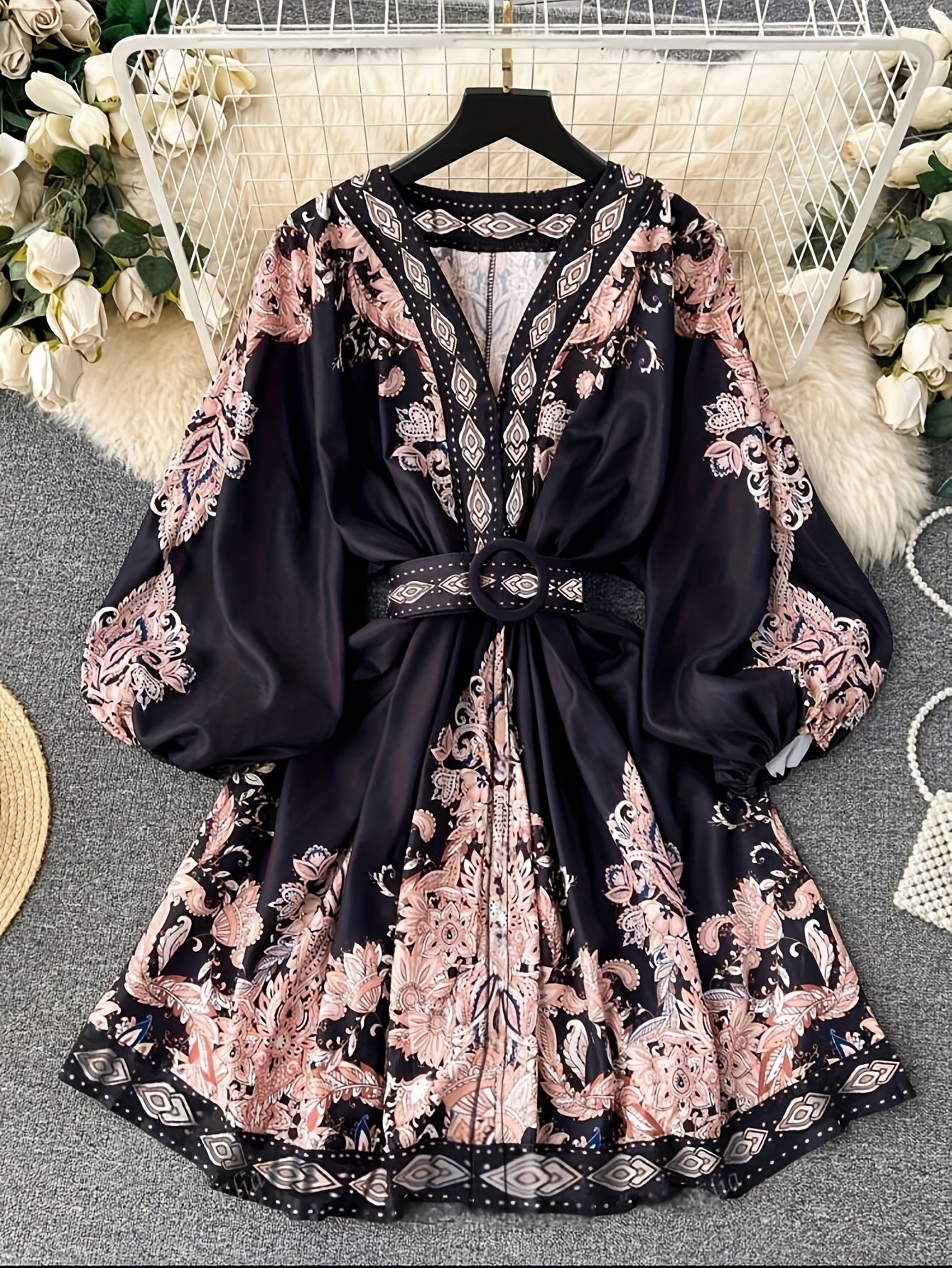 Women's Vintage Palace-Inspired Floral Print A-Line Dress with Lantern Sleeves & Adjustable Waist Tie - V-Neck Long Sleeve Loose Fit Maxi Dress for Spring/Fall, Machine Washable, Cute Dresses