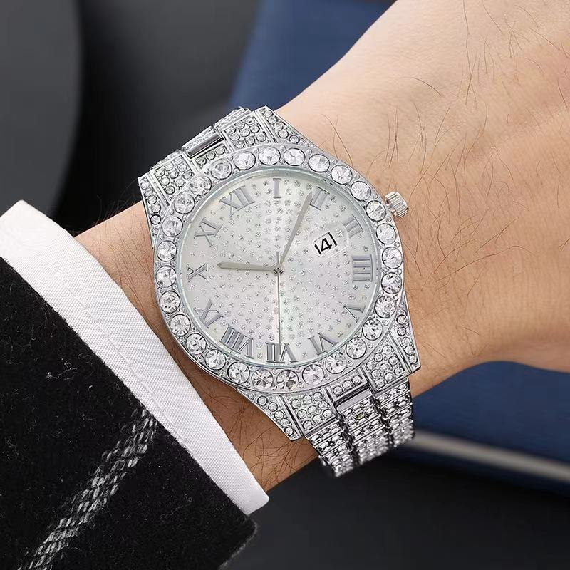 5pcs Hip Hop Men Watch Cuban Link Chain Set 15mm Necklace +Watch+Bracelet+Ring Creative Iced Out Stylish Jewelry For Women Men -The Perfect Gift For Father'S Day, Valentine'S Day, Easter, Birthdays, Christmas Gift