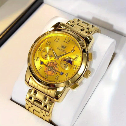 OLEVS Men's Luxury Multifunctional Quartz Watch - Stainless Steel Luminous Analog Watch with Moon Phase, Chronograph, Date/Day/24H Indicator, Golden-Tone & Bracelet for Business, Casual, Casual Attire - Dress Watch