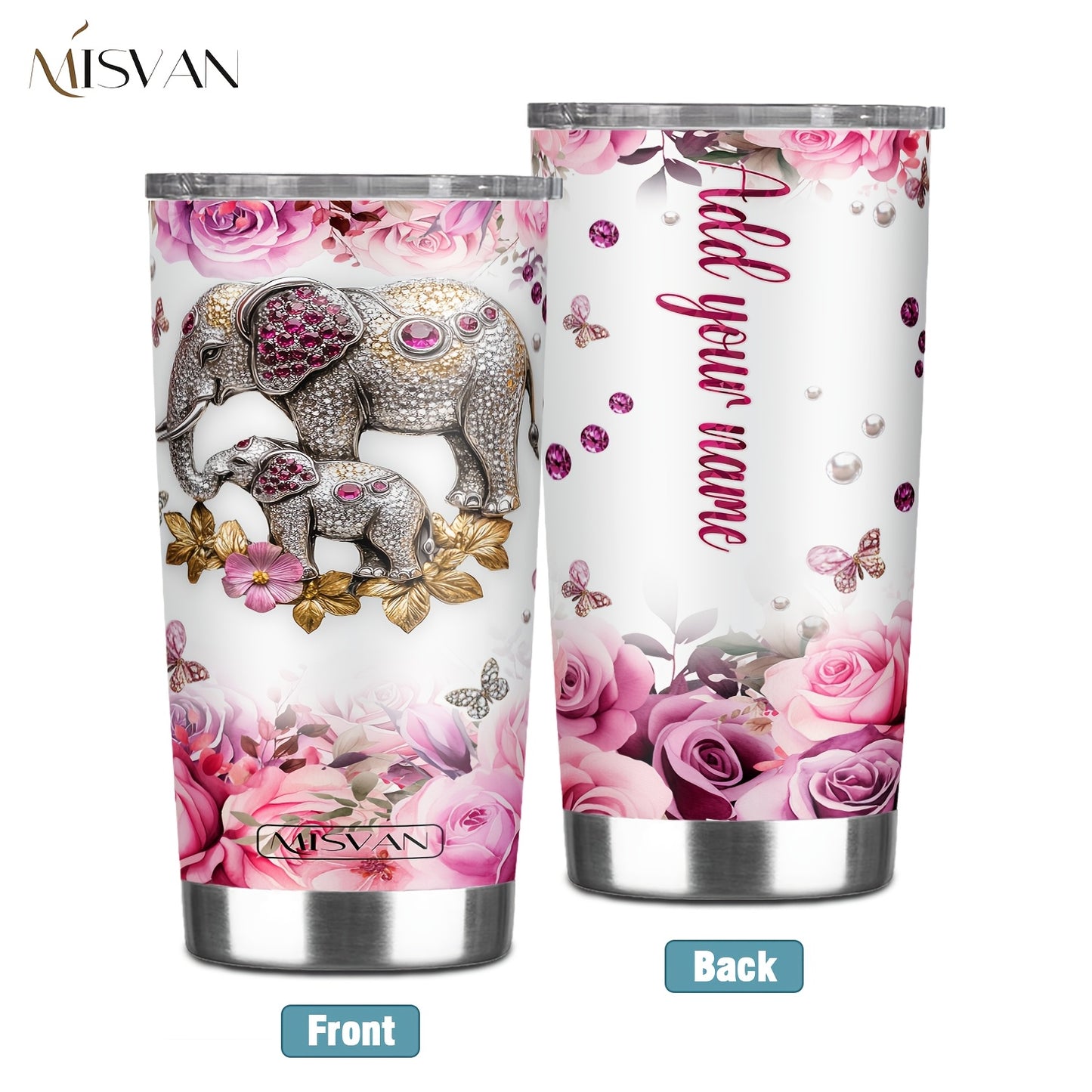1pc Customized Name Stainless Steel Tumbler | 20oz/22oz/40oz Insulated Water with Lid, Reusable, Round Shape, 304 Stainless Steel, Ideal for Easter, Thanksgiving, Father'S Day, Mother'S Day, Graduation, White Diamond Butterfl