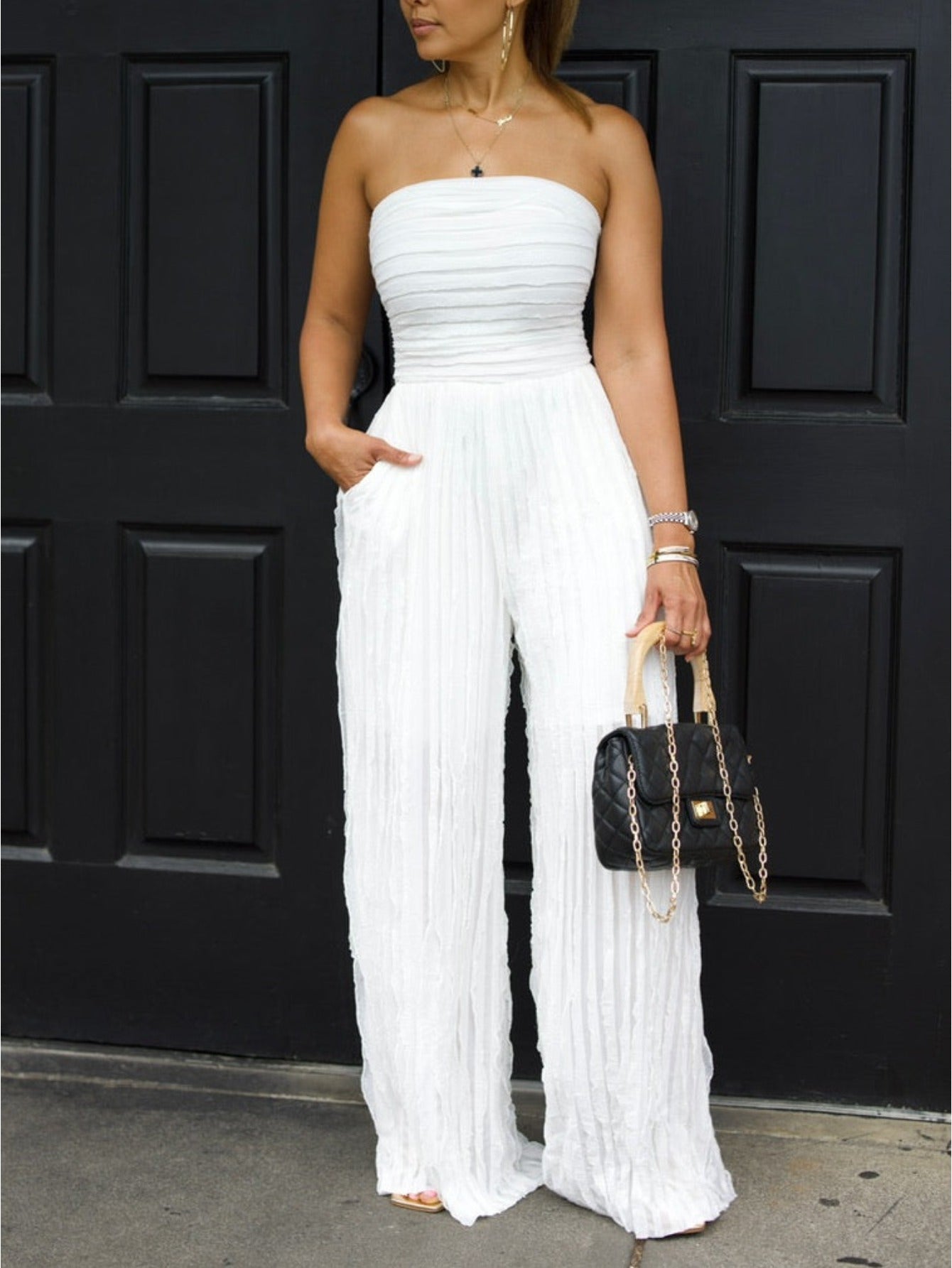 Women'S High-Waisted Tube Top Jumpsuit - Sexy Sleeveless Wide-Leg Asymmetrical Geometric Pattern Slim-Fit Bodysuit, All-Season Elegant & Party Outfit, Casual to Night Outfits, Versatile Streetwear for Women (No Lining, Easy C