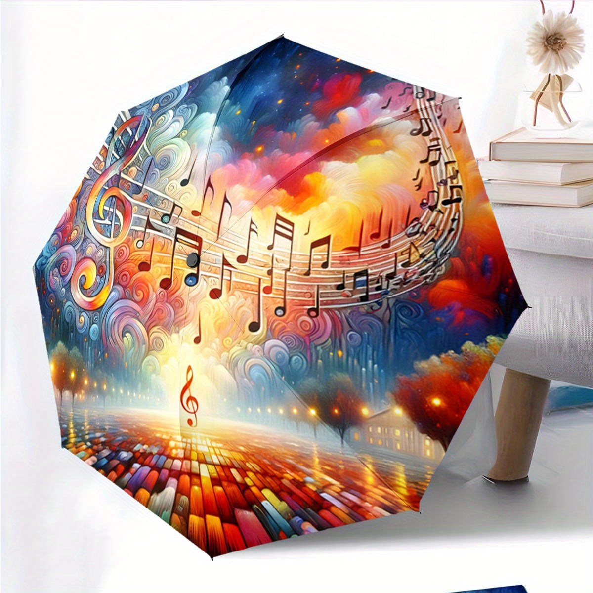 Automatic Open/Close Umbrella with Musical Notes & Treble Clefs - Windproof 8-Rib Compact Folding Umbrella, Portable Collapsible Design with One-Touch Button, All-Season Use for Musicians, Music Lovers - Ideal Christmas/Birth