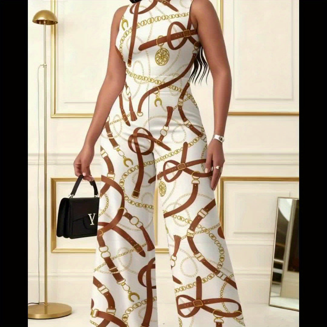 Luxurious Jumpsuit for Plus-Size Women - Chic Beige Featuring a Golden Chain Design, Tailored Fit Without Stretch, Perfect for Beach Parties And Daily Use - Suitable for Both Formal And Casual Occasions, Summer Attire, Made f