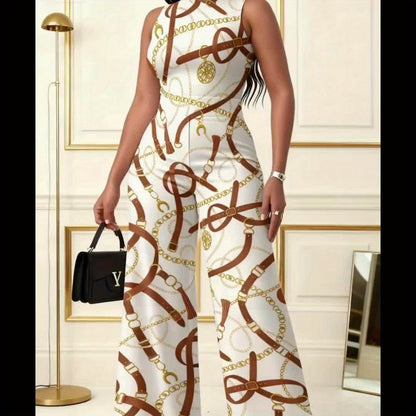 Luxurious Jumpsuit for Plus-Size Women - Chic Beige Featuring a Golden Chain Design, Tailored Fit Without Stretch, Perfect for Beach Parties And Daily Use - Suitable for Both Formal And Casual Occasions, Summer Attire, Made f