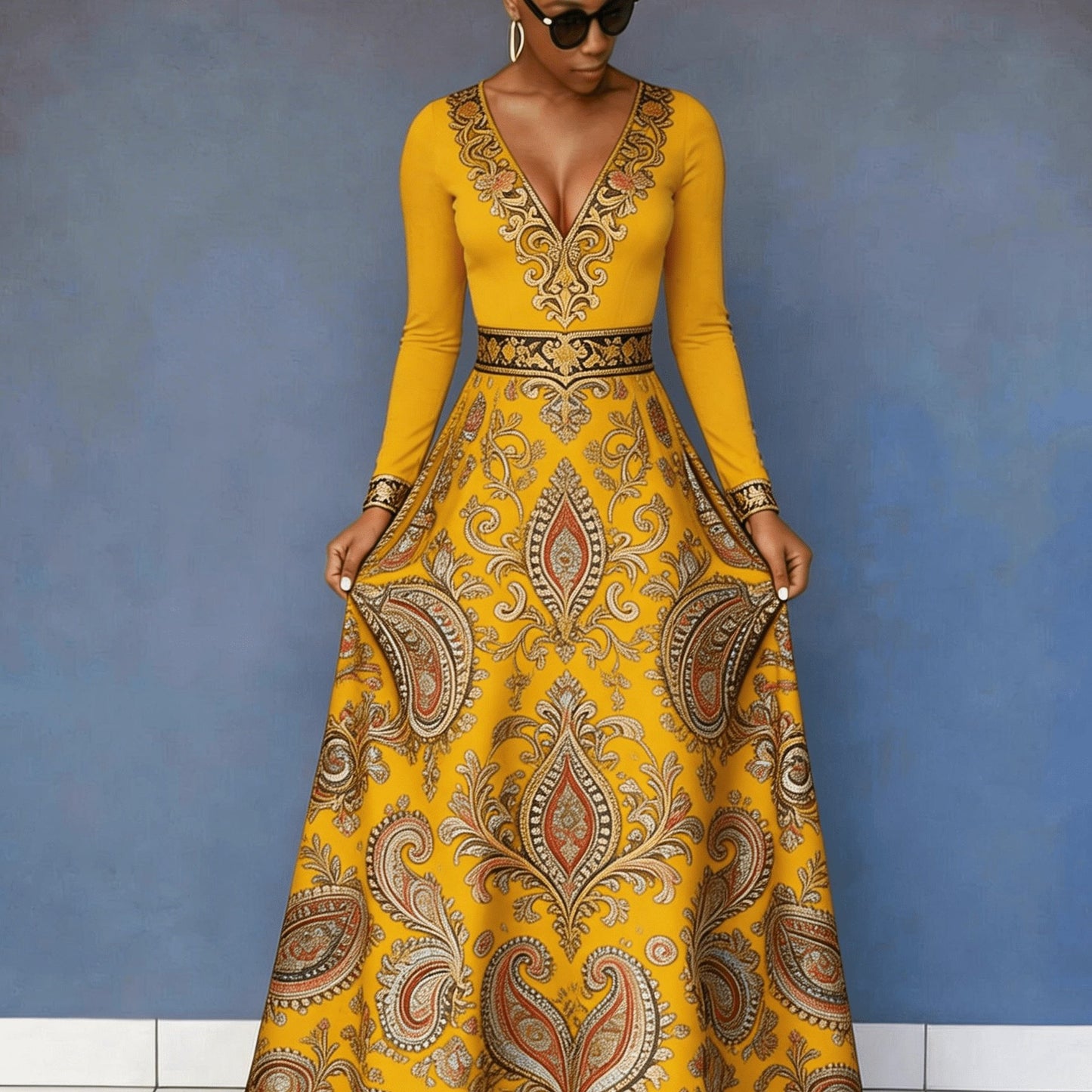 Flower Rich And Luxurious Flower Print Design Women's V-neck Dress with Waist Cinching And Shaping, And Casual Drape, Sexy Charm, Fresh Temperament, Commuting Trend, Elegant Long Skirt, Cocktail Party, High-end Occasion