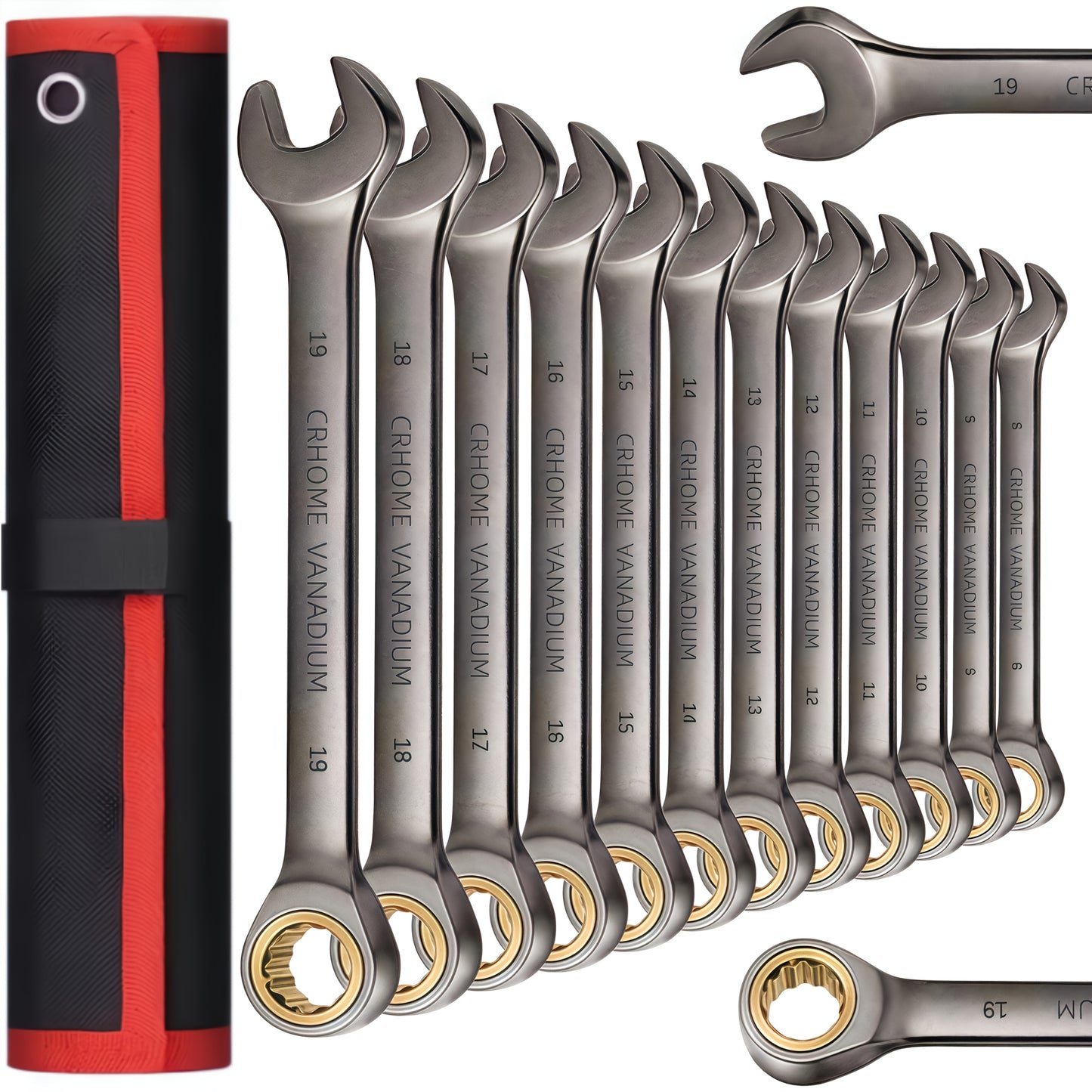 12pcs Nickel Plating Fixed Head Ratchet Wrench Set, Combination Wrench Set Metric 8-19mm&SAE 1/4-13/16Inch, With Rolling Pouch, 72-Tooth Industrial Chrome Vanadium Steel, For Motorcycle And Bicycle Maintenance, Gift For Dad&H