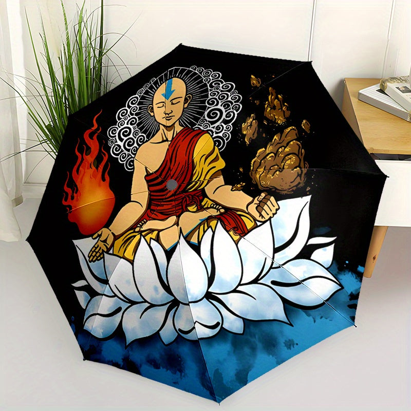 Avatar 4-Themed Automatic Folding Umbrella - 8-Rib Durable Windproof Design, Black with White & Golden Artwork, Portable Travel Umbrella for Commuting, Beach, or Holiday Gifts, Commuting Accessory, Stylish Accessory, Sturdy H