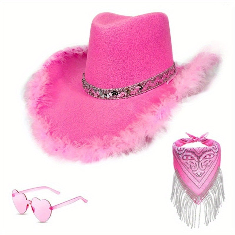 3pcs Western Cowboy Hat Set Unisex Rhinestone Cowboy Hats with Wide Brim Cowgirl Hat Eyeglass and Scarf Set Festival Cowboy Costume Accessories for Weddings and Outdoor Events