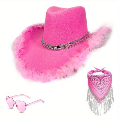 3pcs Western Cowboy Hat Set Unisex Rhinestone Cowboy Hats with Wide Brim Cowgirl Hat Eyeglass and Scarf Set Festival Cowboy Costume Accessories for Weddings and Outdoor Events