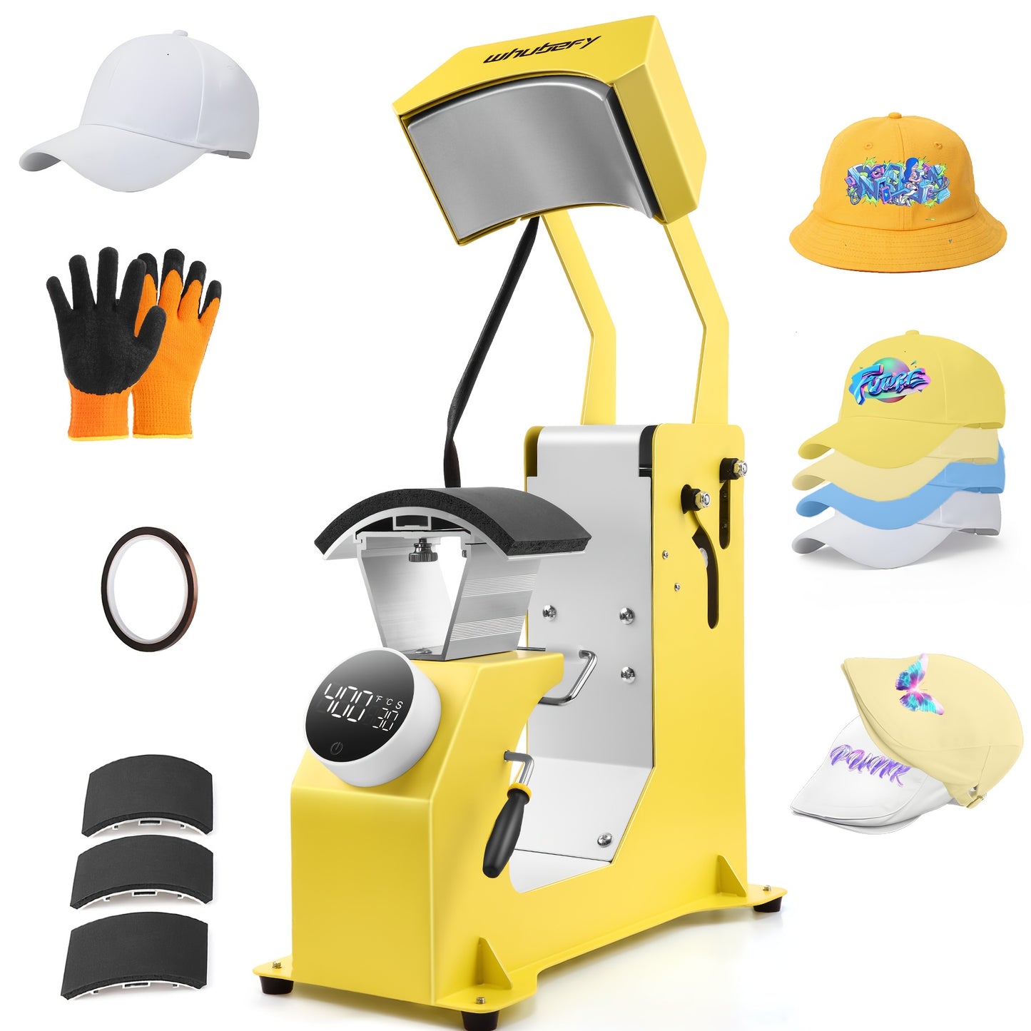 Valentine'S Day Gifts Heat Press Machine 3 In 1 Auto Cap Press With A Duckbill Cap And 5 Sheets Of DTF Transfer Paper, 6x3.9/6x2.8/5.5x3 Inch Yellow Cap Press With Digital Screen, Full Coverage Heating Tube, Even Heating, Rap
