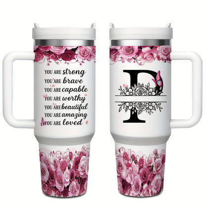 MIKENDA 1pc 40oz "A-Z Custom Letters & Name" Stainless Steel Travel Cup with Lid And Straw. Coffee Cup, Kitchen Drinkware. Great Gift for Women, Friends, Parents.for Mother's Day, Holidays. for Home & Outdoor Use.Halloween &
