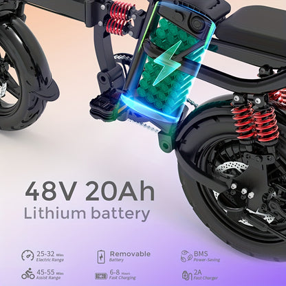 Foldable Electric Bike for Adults, 700W Peak Motor 48V 20Ah Removable Battery Ebike, 35 Miles 32km/h High - Speed, City Commuter, LCD Display, Dual Disc Brakes, for Men & Women (330 Lbs Capacity)