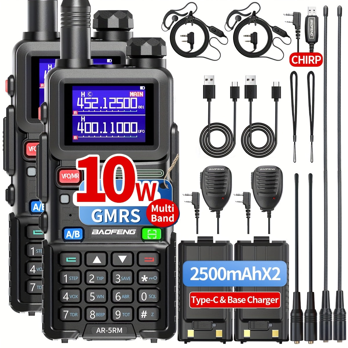 BAOFENG 5RM 10W Ham Radio AR-5RM Long Range Handheld Portable Multi Band NOAA Weather Radios 999 Channels Two Way Radio With 2500mAh USB-C Charger, High Gain Antenna, Speaker Mic, USB Programming Cable For Camping (2 Pack)