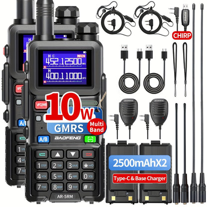 BAOFENG 5RM 10W Ham Radio AR-5RM Long Range Handheld Portable Multi Band NOAA Weather Radios 999 Channels Two Way Radio With 2500mAh USB-C Charger, High Gain Antenna, Speaker Mic, USB Programming Cable For Camping (2 Pack)
