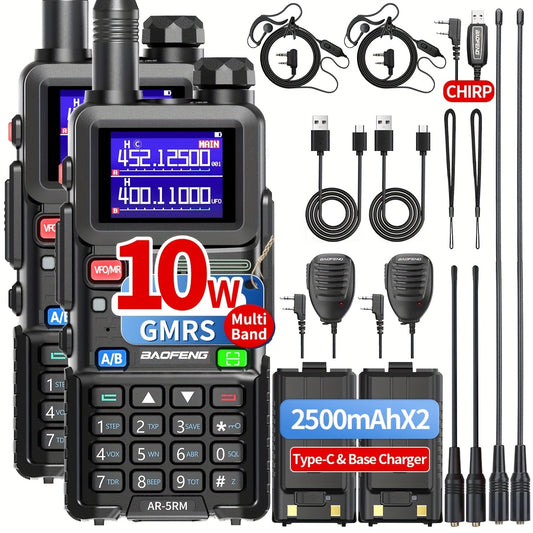 BAOFENG 5RM 10W Ham Radio AR-5RM Long Range Handheld Portable Multi Band NOAA Weather Radios 999 Channels Two Way Radio With 2500mAh USB-C Charger, High Gain Antenna, Speaker Mic, USB Programming Cable For Camping (2 Pack)