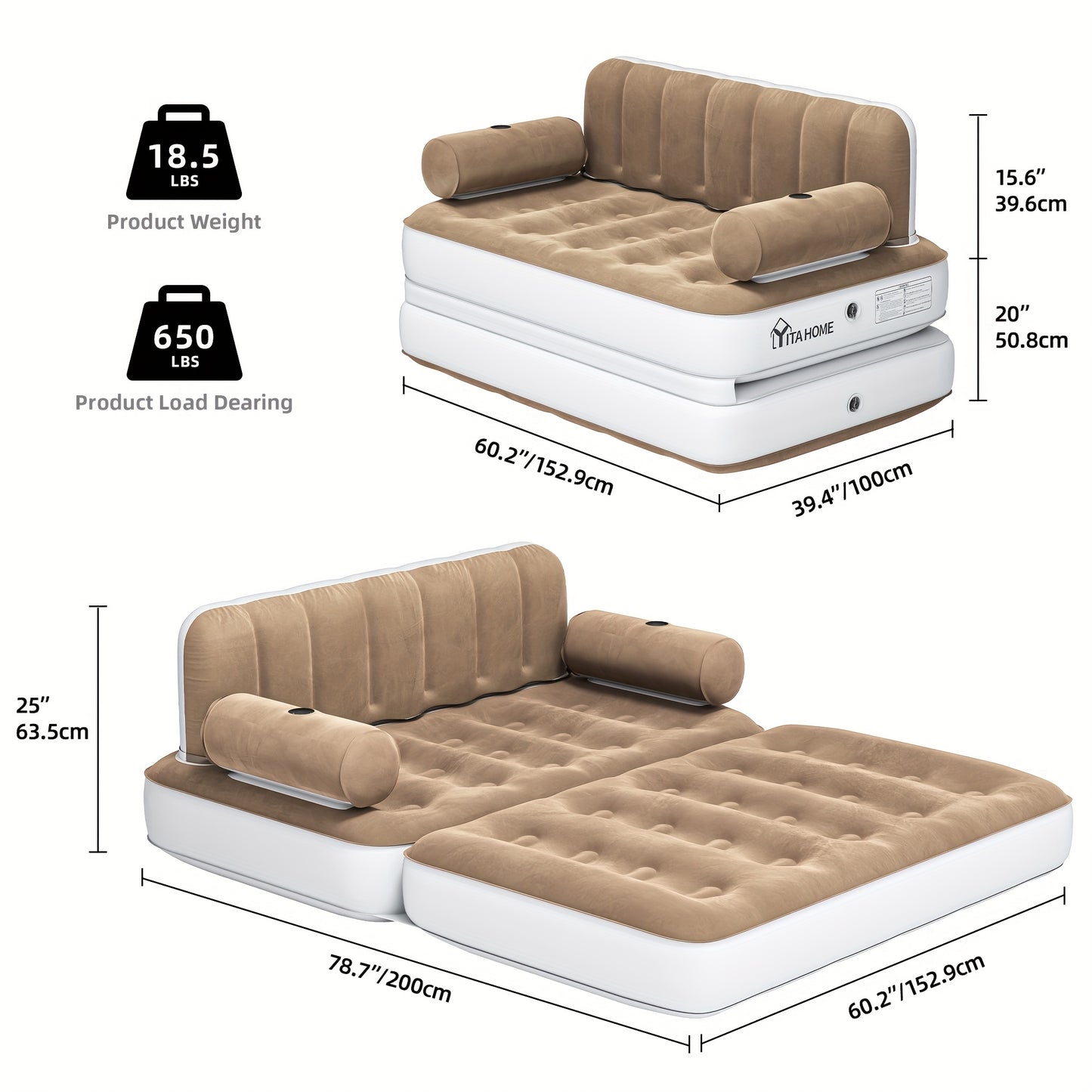 Inflatable Air Sofa Bed 2-in-1 Backrest Couch Airbed W/Headboard And External Pump, Portable Convertible Blow Up Bed Mattress W/Storage Bag, Sofa W/Build-in Cup Holders Arm, For Home, Outdoor Camping And Guests, Living Room F