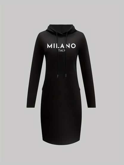 Print Bodycon Hooded Dress, Casual Drawstring Sweatshirt Dress for Spring & Fall, Women's Clothing