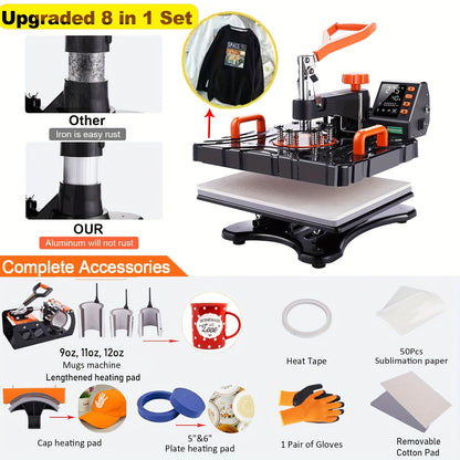 8in 1 Heat Press Machine Multifunctional, 15"x12" T Shirt Press Machine, 360° Rotation Shirt Press Machine Sublimation Heat Transfer for T Shirts Mug Hat Plate