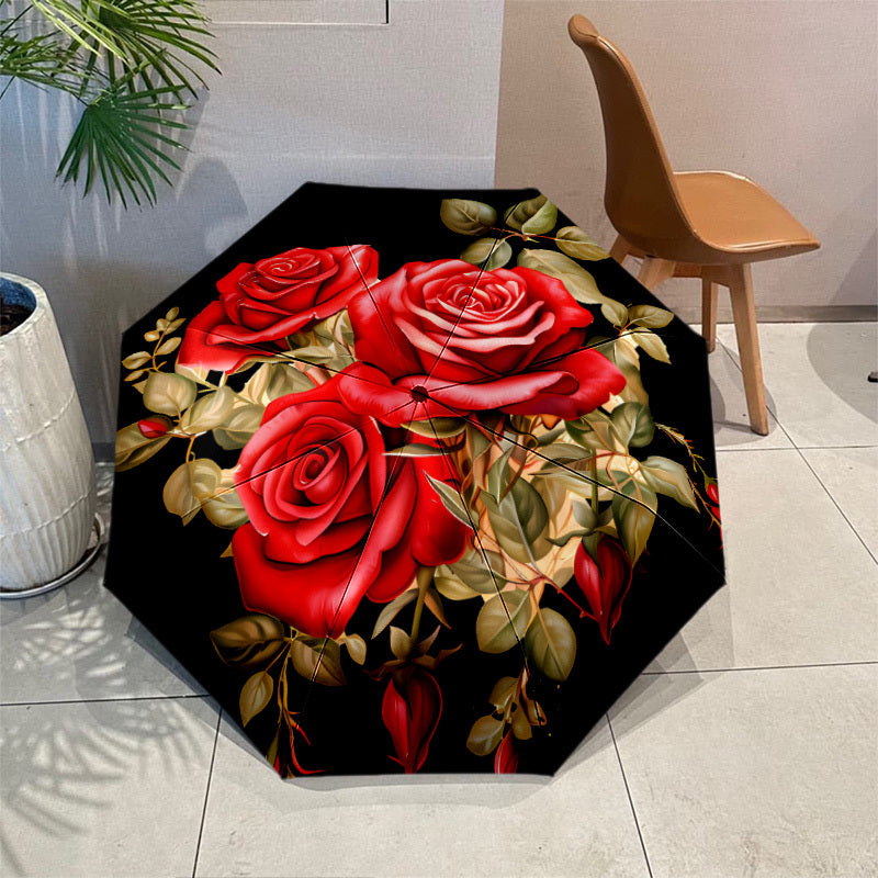 Automatic Open/Close Umbrella with One-Touch Button - Burgundy Rose & Black Automatic Folding/Unfolding Umbrella for Men & Women, 8-Rib Windproof Compact Travel Umbrella with Red/Golden/Green Floral Design, Portable for Commu