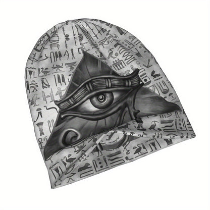 1pc BIIHUDU Unisex Egyptian Eye of Horus Beanie - Funky Style Knit Fabric Hat with Elastane and Polyester, Soft No-Brim Bonnet