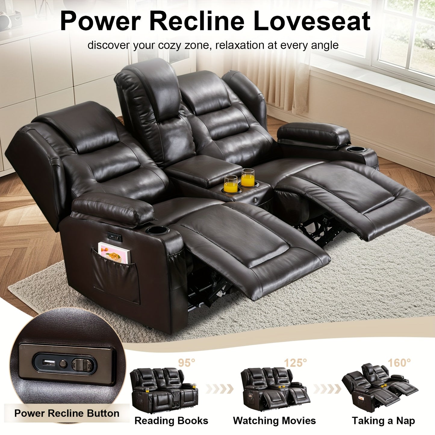 Power Loveseat Recliner With LED Lighting, Home Theater Seating Sofa With Storage & Cup Holders For Living Room RV, Faux Leather