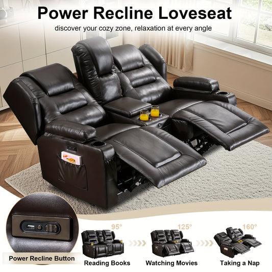 Power Loveseat Recliner With LED Lighting, Home Theater Seating Sofa With Storage & Cup Holders For Living Room RV, Faux Leather