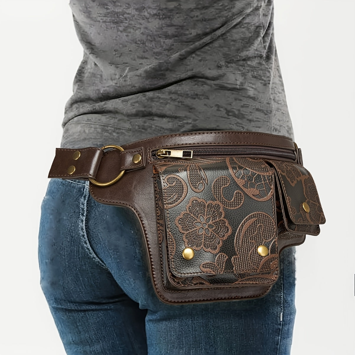 Convertible Crossbody Purse - Women's Adjustable Waist Bag with Floral Pattern - Zipper Closure & Snap Button - Synthetic Faux Leather Belt Bag for Everyday, Formal, Travel - Coffee Brown/Black, Crossbody Purse, Everyday Acce