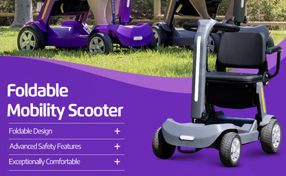 Foldable Mobility Scooter for Adults & Senior, 4 Wheels Powered Device for Travel, Lightweight and Portable, with LED Strip Light, Storage Bag, Charger Included, No Assemble Required