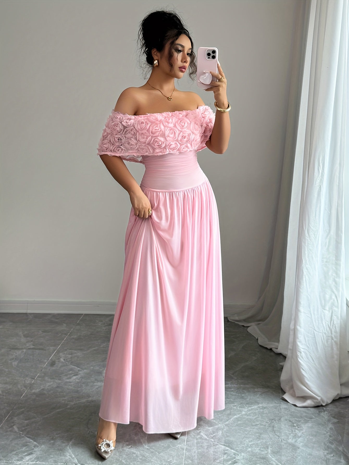 Women'S Elegant Off-Shoulder Maxi Dress - Formal Party Wedding Gown with Waist, Flattering A-Line Silhouette, Soft Pink Formal event dresses for Women - K2533418, Dresses for Wedding Guest, Evening Gown, Offshoulder Design, D