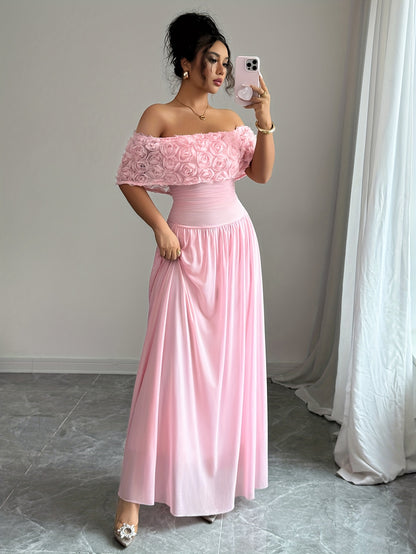 Women'S Elegant Off-Shoulder Maxi Dress - Formal Party Wedding Gown with Waist, Flattering A-Line Silhouette, Soft Pink Formal event dresses for Women - K2533418, Dresses for Wedding Guest, Evening Gown, Offshoulder Design, D