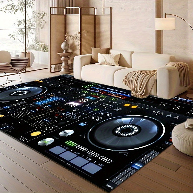 Large Non-Slip Floor Mat Mat - DJ Turntable Design -Slip Living Room Bedroom Bathroom Mat, Machine Washable Indoor/Outdoor Mat for Home Studio, Parties, Gym - Black Background with DJ Controls Graphic
